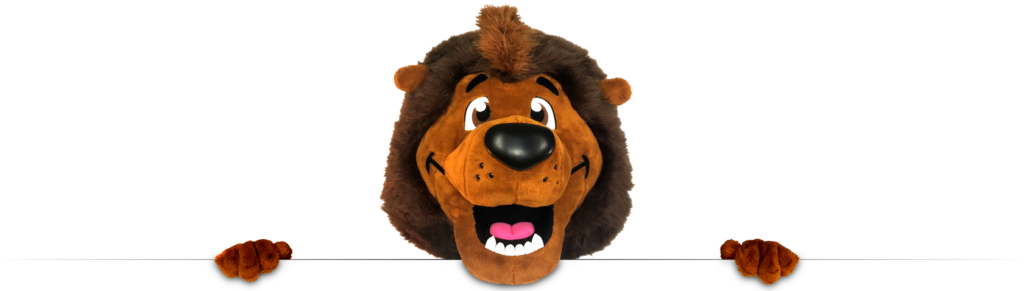 Der MascotDoc-Löwe begrüßt alle Maskottchen-Darsteller suchenden.